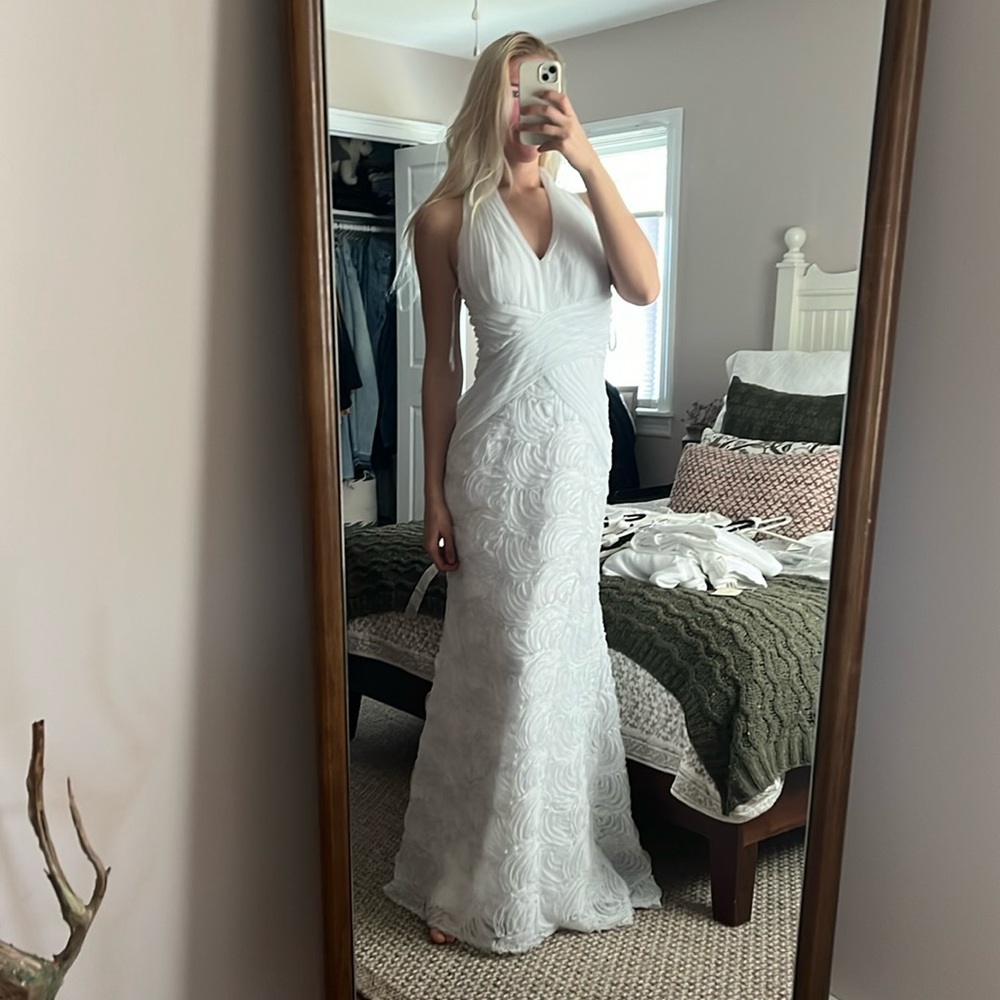 Halter style white maxi with rosette stitch detailing